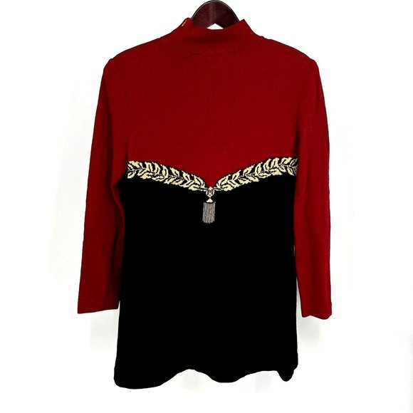 St John Collection Marie Gray Red Black Knit Logo Crest L/S‎ Sweater Small VTG - Picture 6 of 8